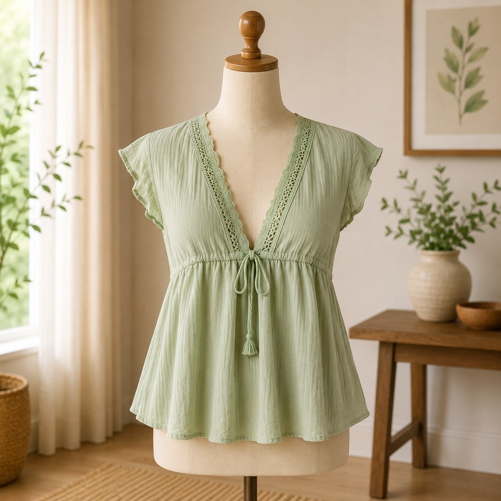 NWT Cupshe Cover Up Top Womens XL Green Crochet Lace V-Neck Tassel‎ Boho 2412